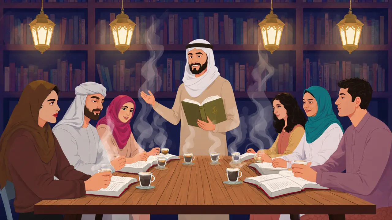A diverse group sharing books and coffee at a cultural book club in Abu Dhabi, engaged in quiet conversation.