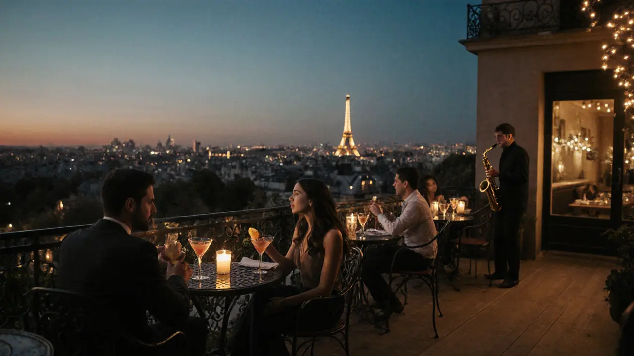A rooftop bar in Paris at dusk with city lights and the Eiffel Tower in the background, people sipping drinks at small tables.