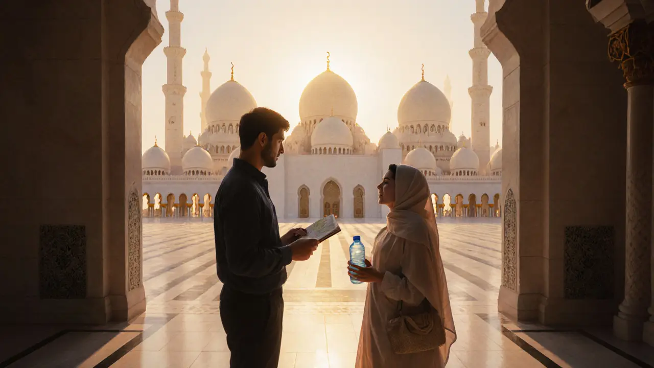 A traveler receiving a friendly guided tour near Sheikh Zayed Grand Mosque at dawn, surrounded by peaceful architecture.