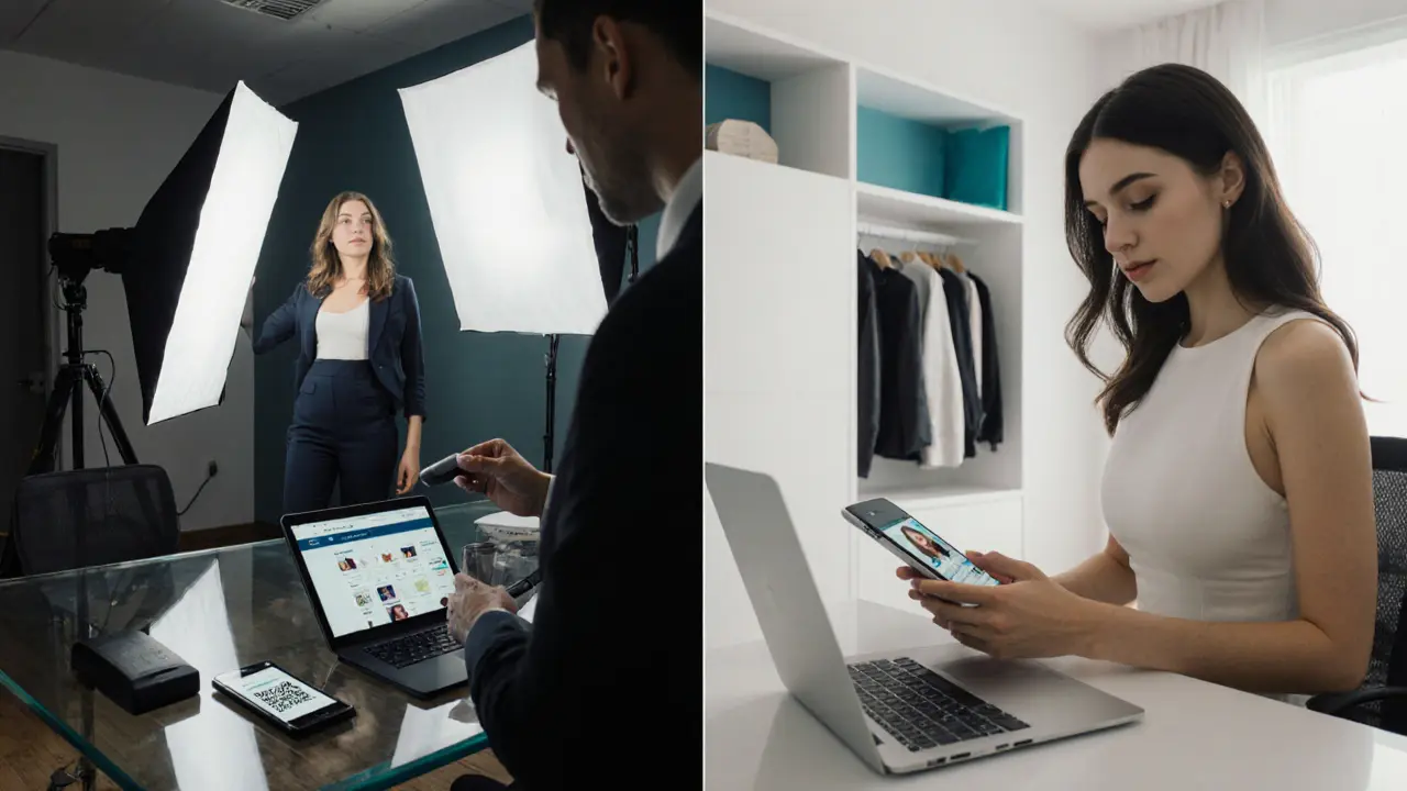 Agency office with photographer and model, alongside independent escort using laptop and fintech app.