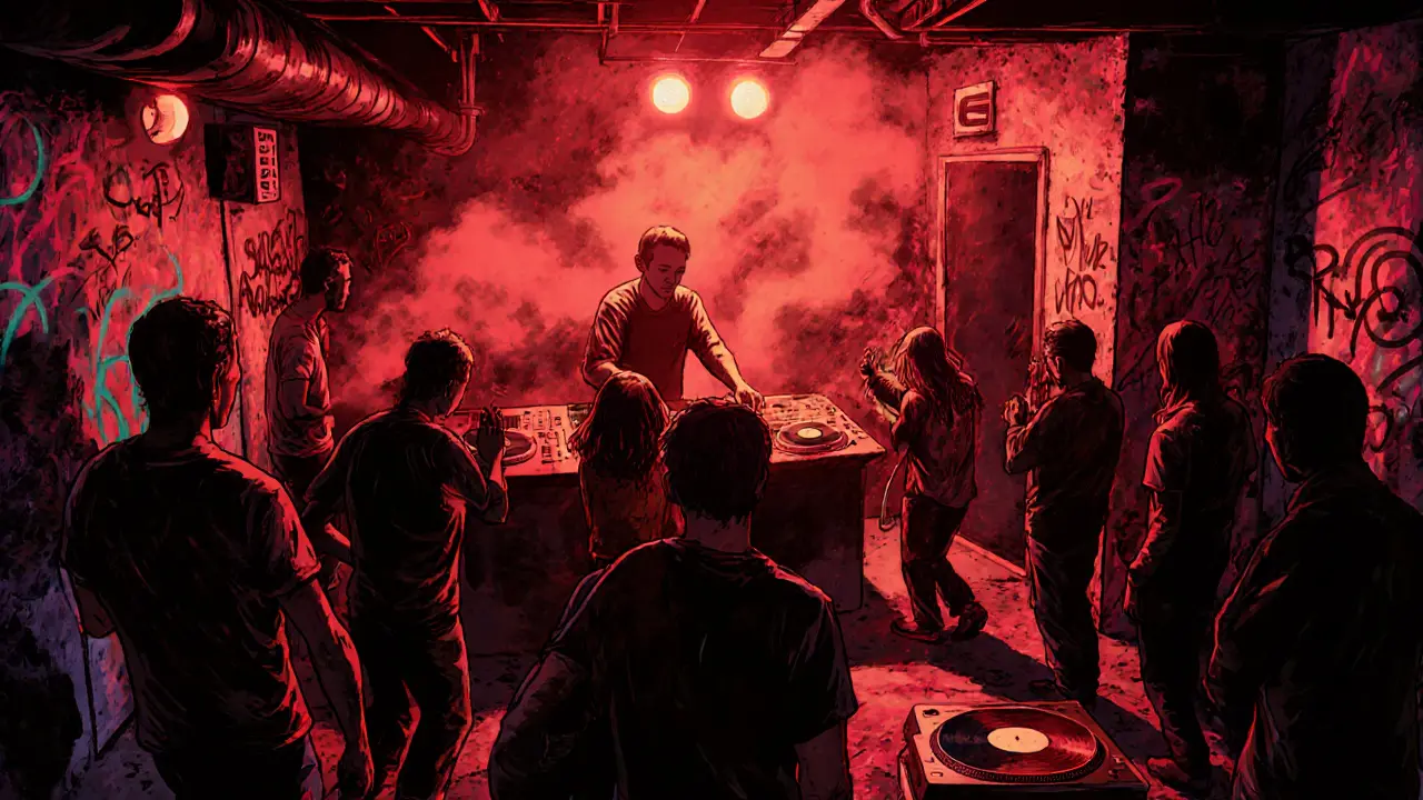 An underground techno club with red strobe lights, a crowded dance floor, and a line of people waiting outside a hidden entrance.