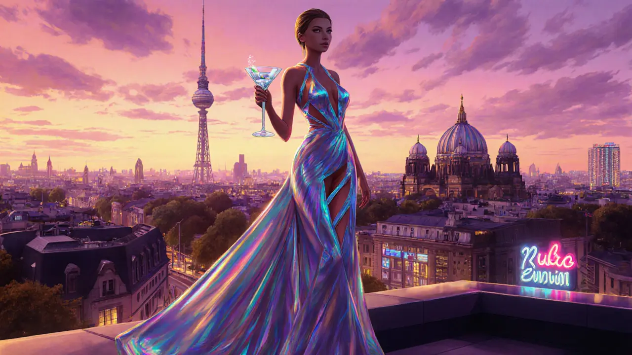 Avant‑garde dressed woman on a rooftop bar overlooking Berlin, holding a cocktail.