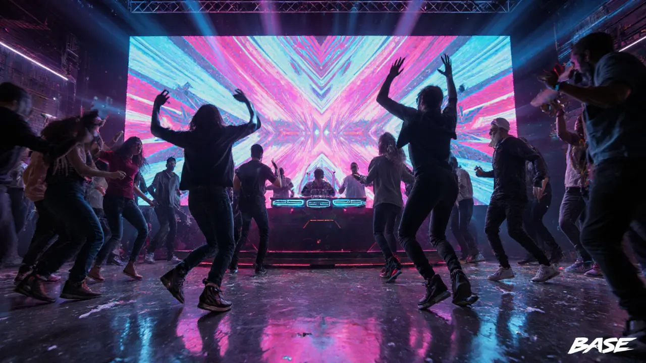 Base Dubai interior with neon lights, LED wall, and dancing clubwear crowd.