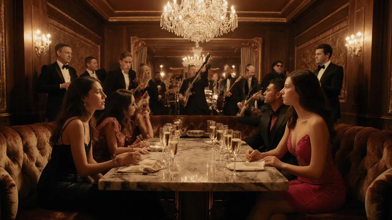 Cavalli Club VIP table with champagne, elegant guests, and luxurious décor.