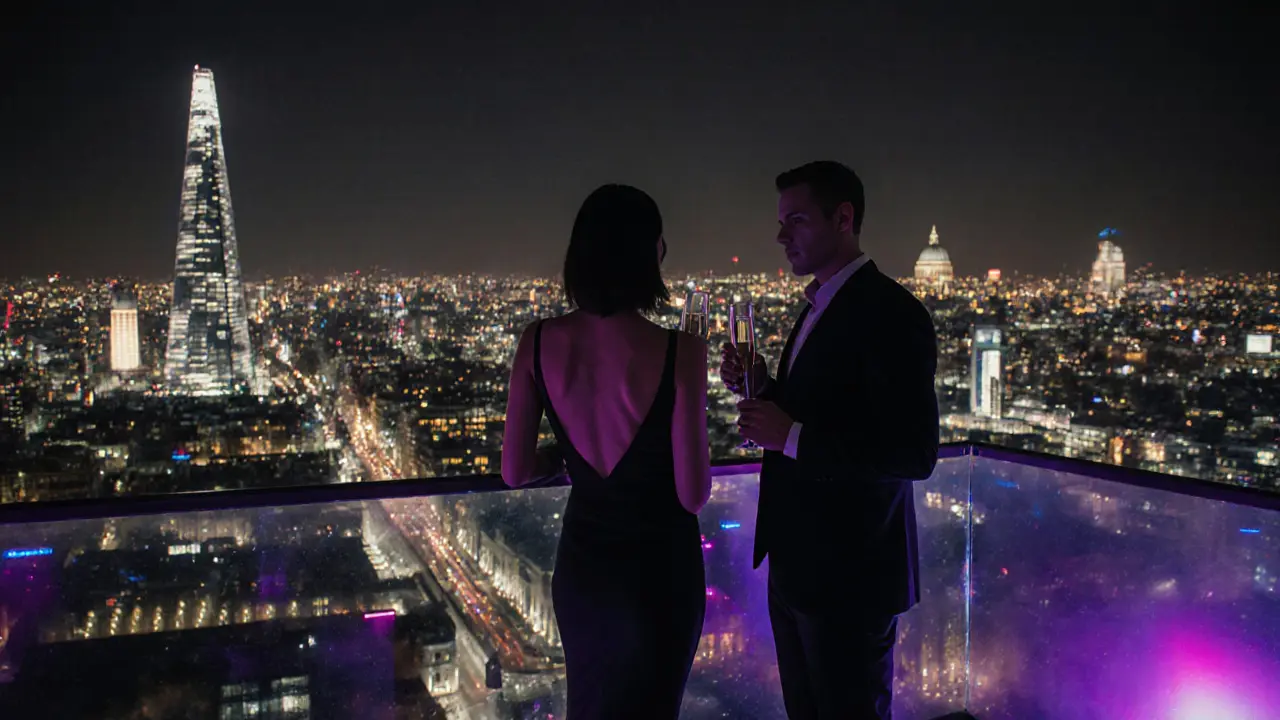 Couple enjoying champagne on a rooftop bar with panoramic London city lights.