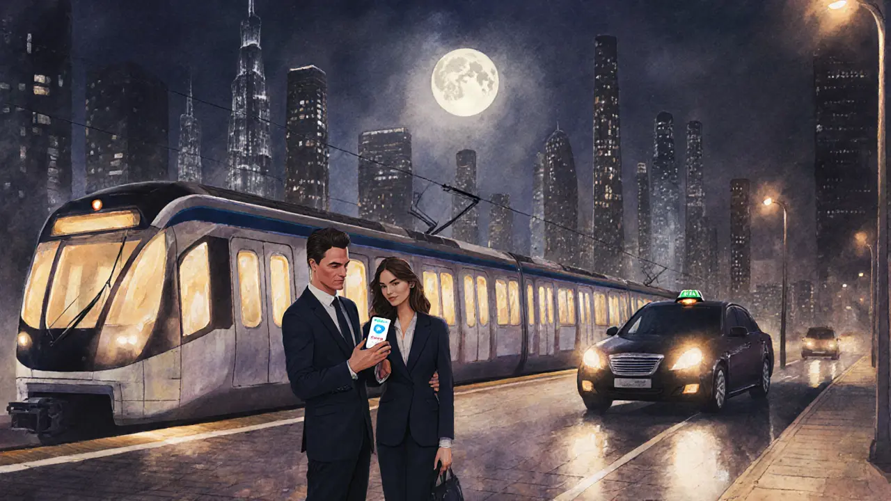 Couple leaving a club using Careem, with Metro train and city lights in background.