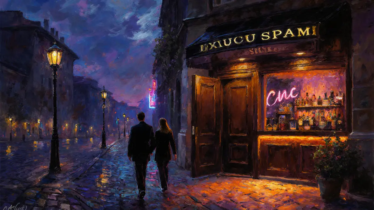 Couple leaving a spa at night, walking toward a lit Milan bar.