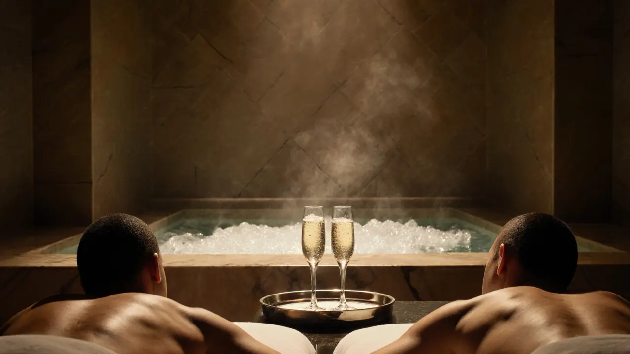 Couple receiving side‑by‑side massage beside a champagne‑filled hydrotherapy pool.