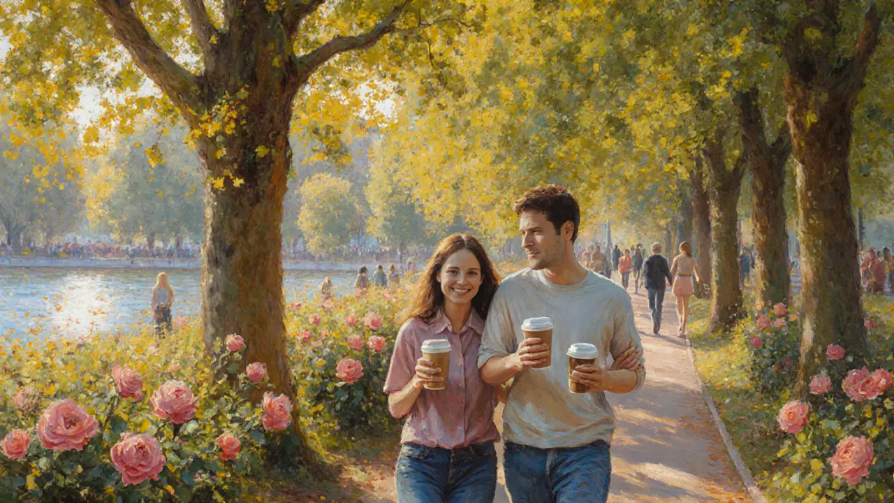 Couple walking together with coffee cups in Hyde Park under sunny trees.