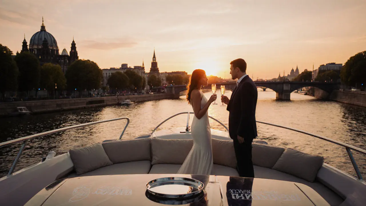 Couple with companion dining on a private yacht, sunset over Berlin river.