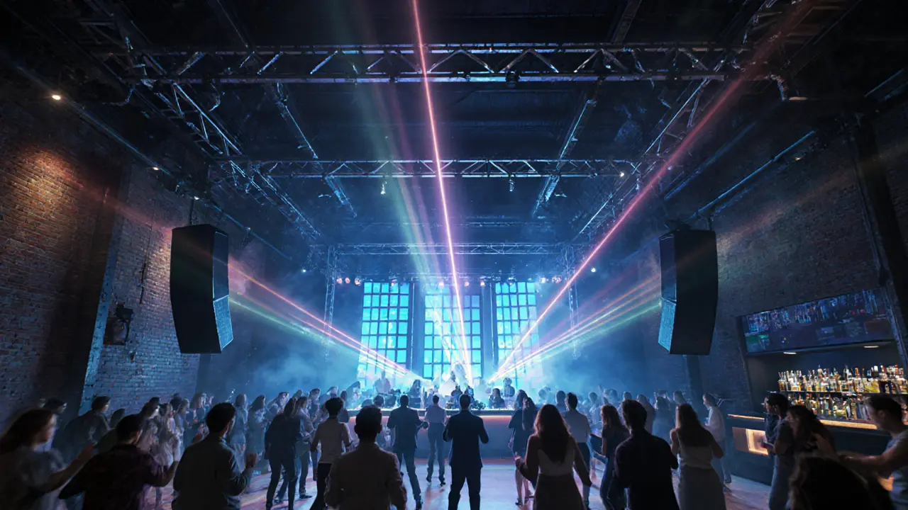 Crowded dance floor at Club Alcatraz with laser lights and DJ.