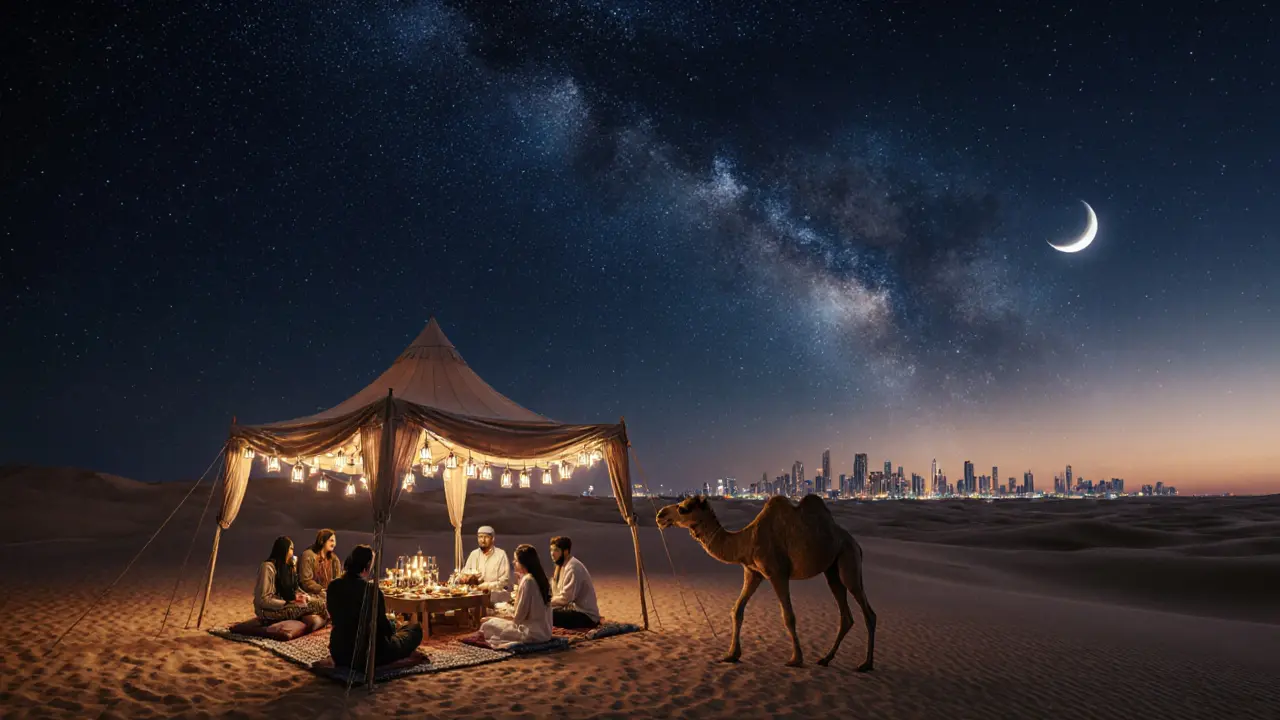 Desert night safari camp with lanterns, a camel and a distant city skyline under a starry sky.