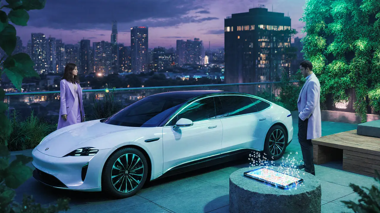 Eco‑friendly limousine and sleek smartphone beside a rooftop garden at dusk.