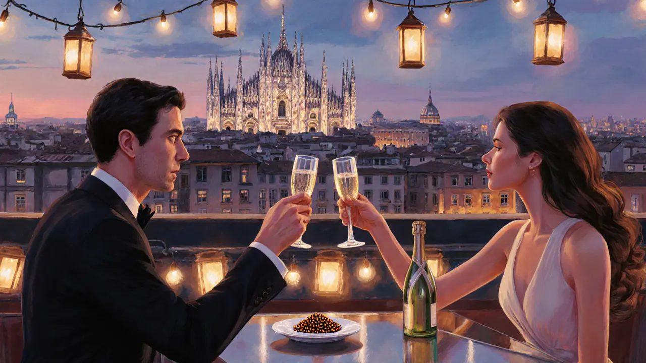 Elegant couple toasting on a rooftop bar with a view of the illuminated Duomo.