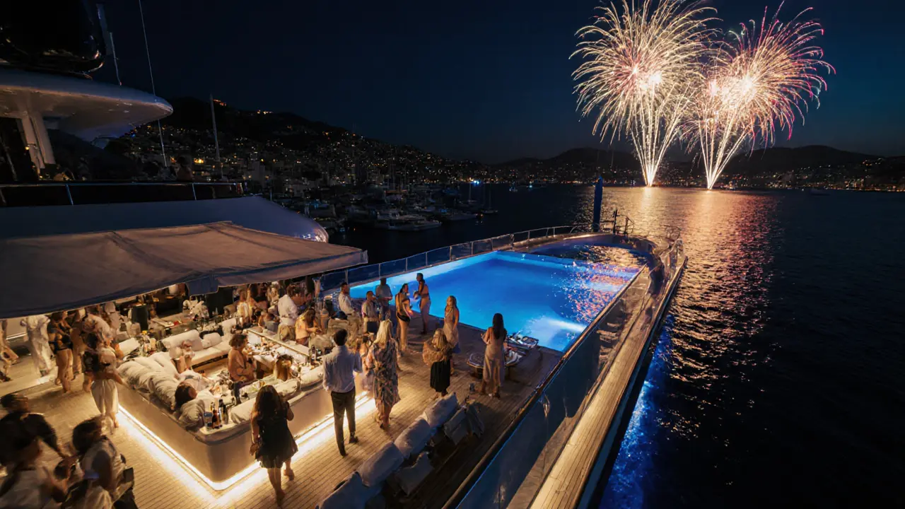 Exclusive yacht party at night with guests in high‑fashion attire, fireworks over the Monaco harbor.