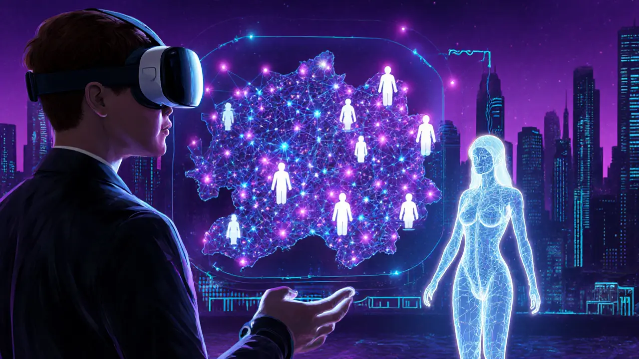 Futuristic scene of AI matchmaking and VR avatars representing the escort industry.