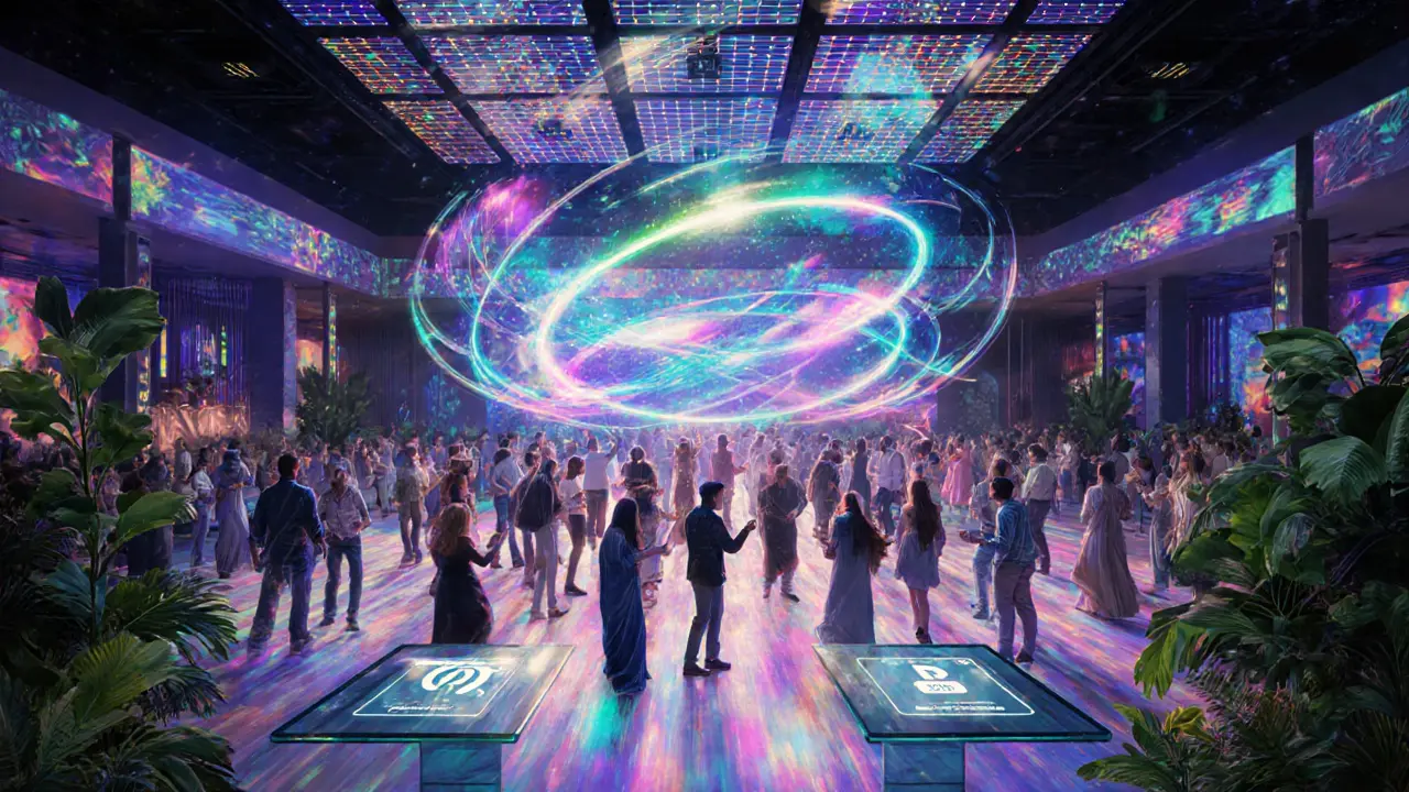 Futuristic sustainable club with solar LED canopy and AR holographic light show.