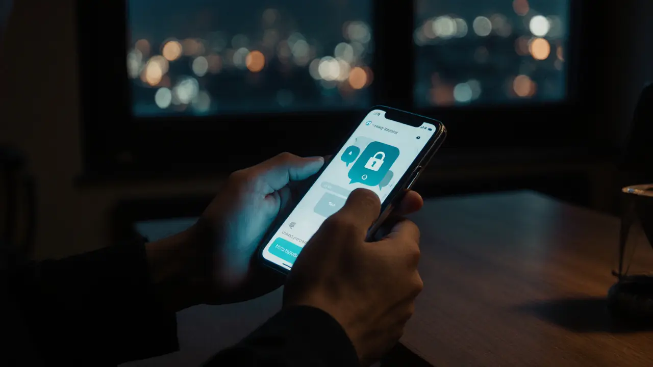Hands holding a smartphone with abstract encrypted chat symbols in a dim apartment.