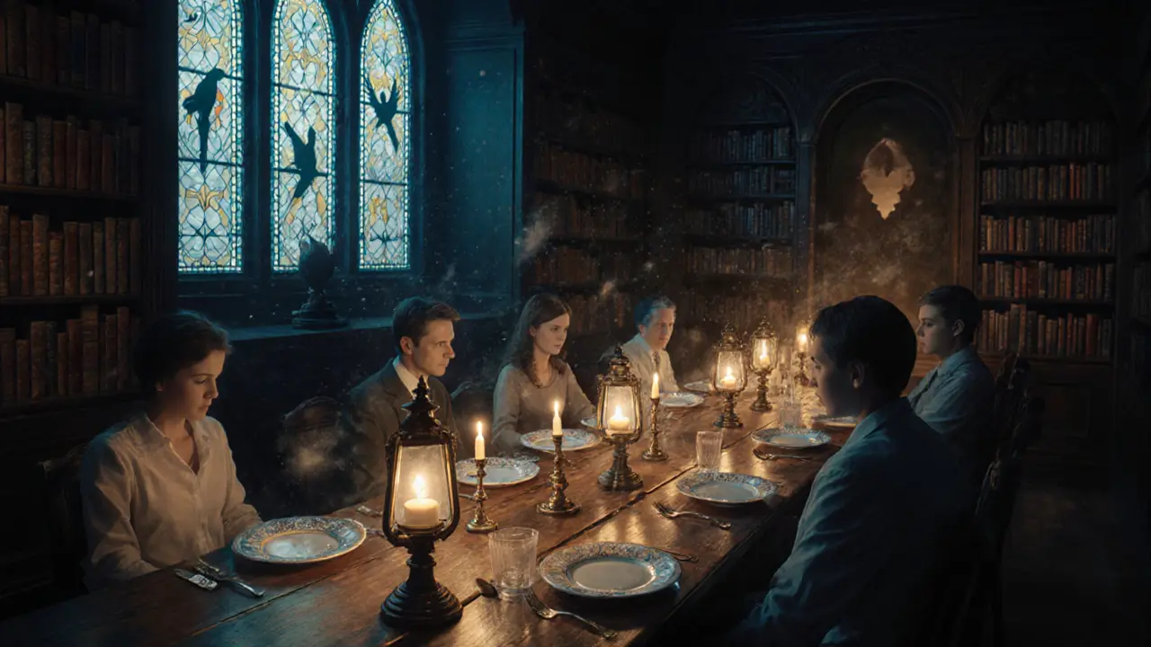 Hidden dinner in a bird-themed library with lantern-lit tables and strangers sharing a meal in silence.