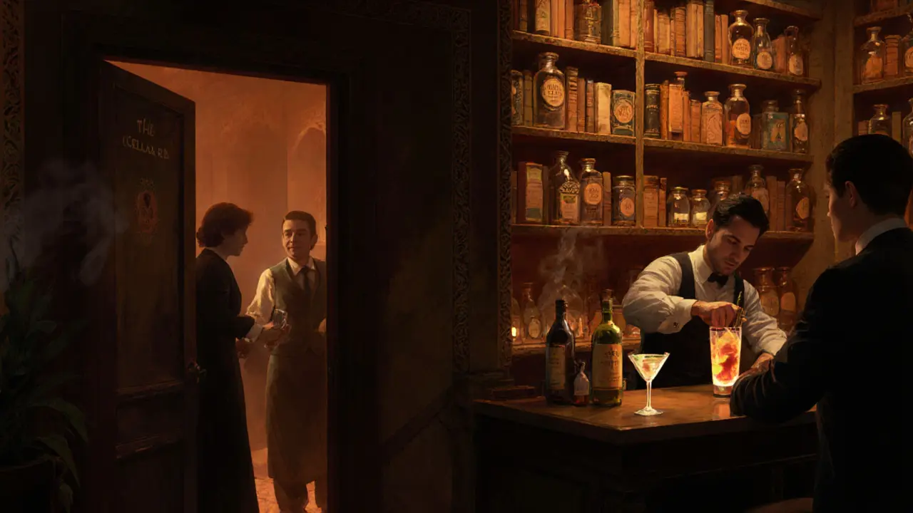Hidden speakeasy interior with warm lighting, spices on shelves, and a bartender mixing a signature cocktail.