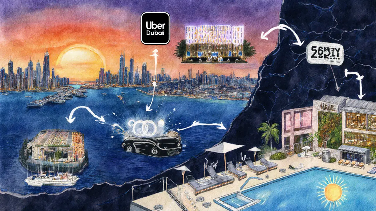 Illustrated night out itinerary moving from Marina dinner to clubs and beach pool.