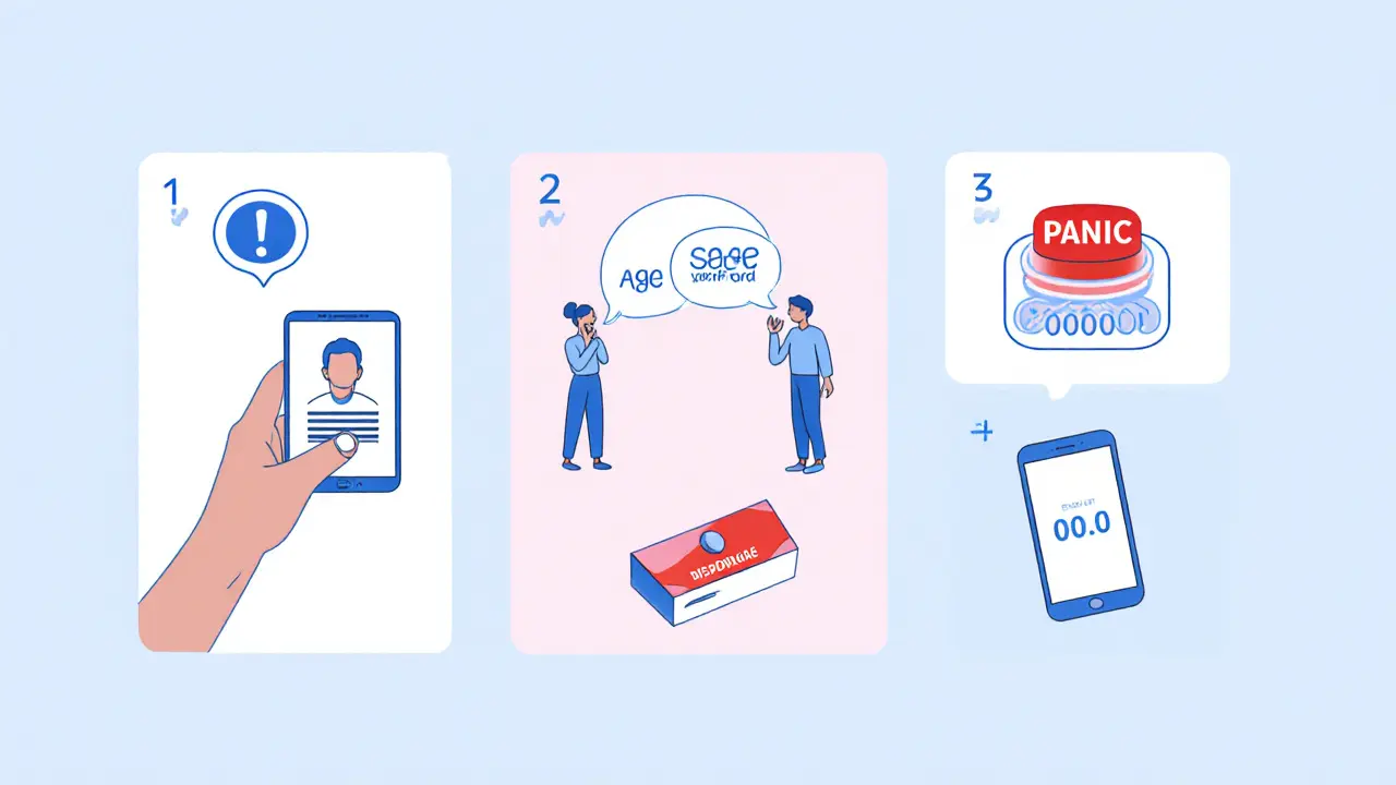 Illustration of safety steps: ID verification, safe‑word exchange, panic button and condom kit.