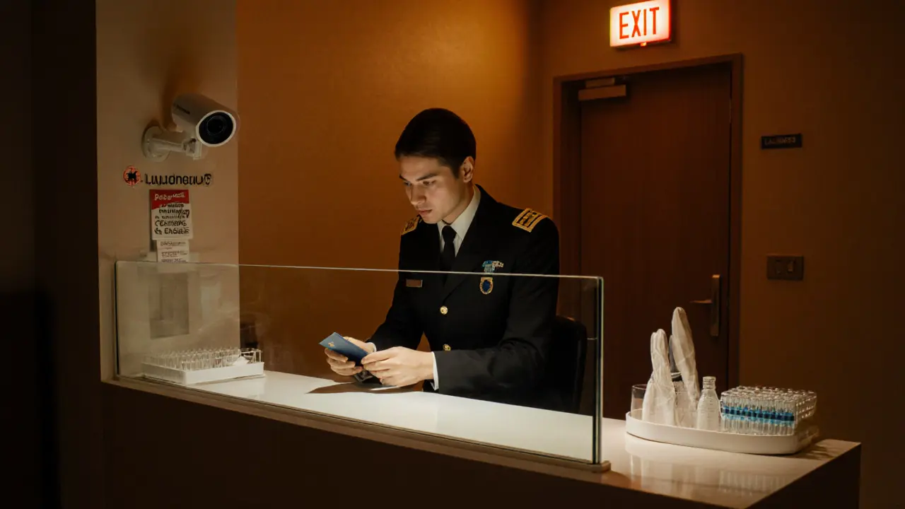 Inside a licensed Berlin brothel showing reception, security camera, and a medical safety station.