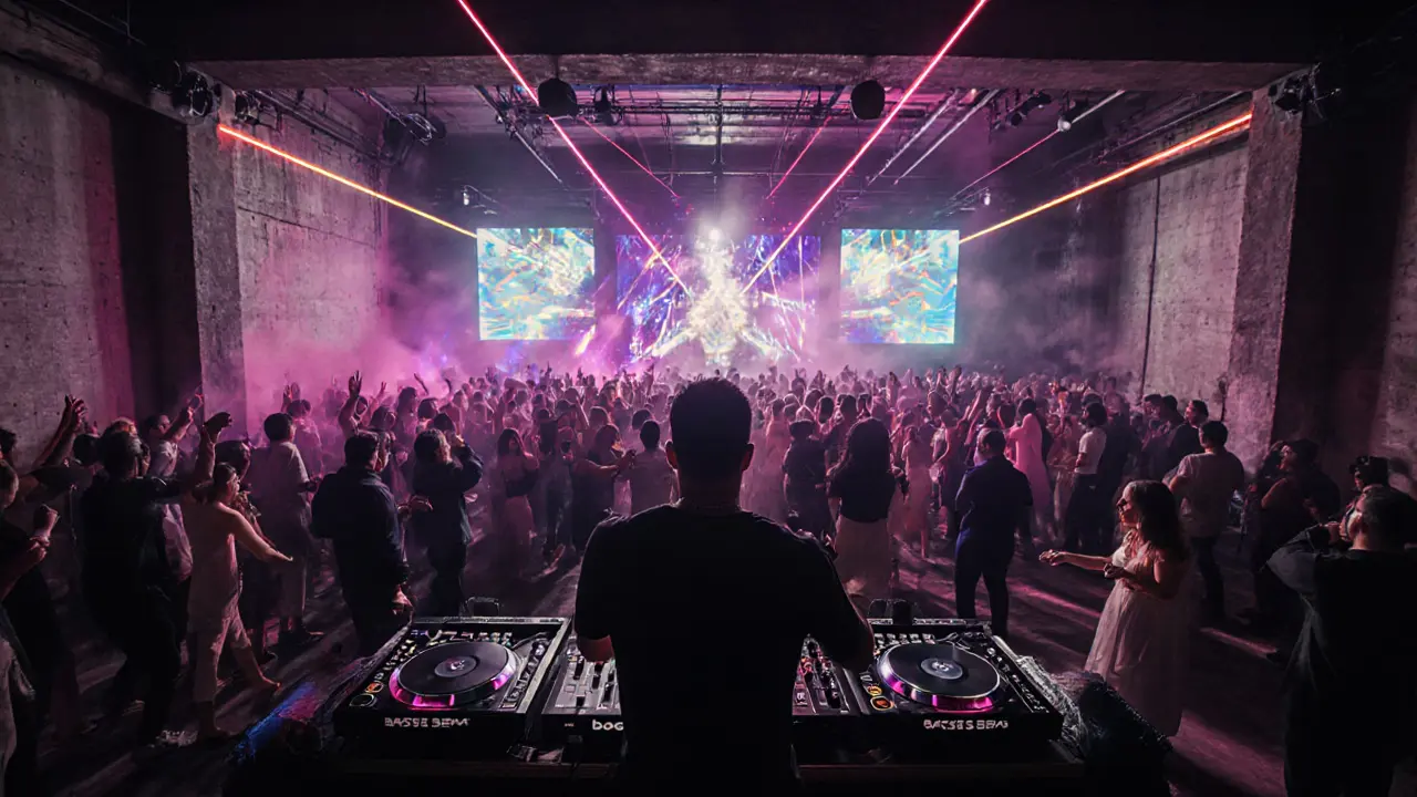 Inside BASE Dubai, industrial warehouse with LED screens and dancing crowd.