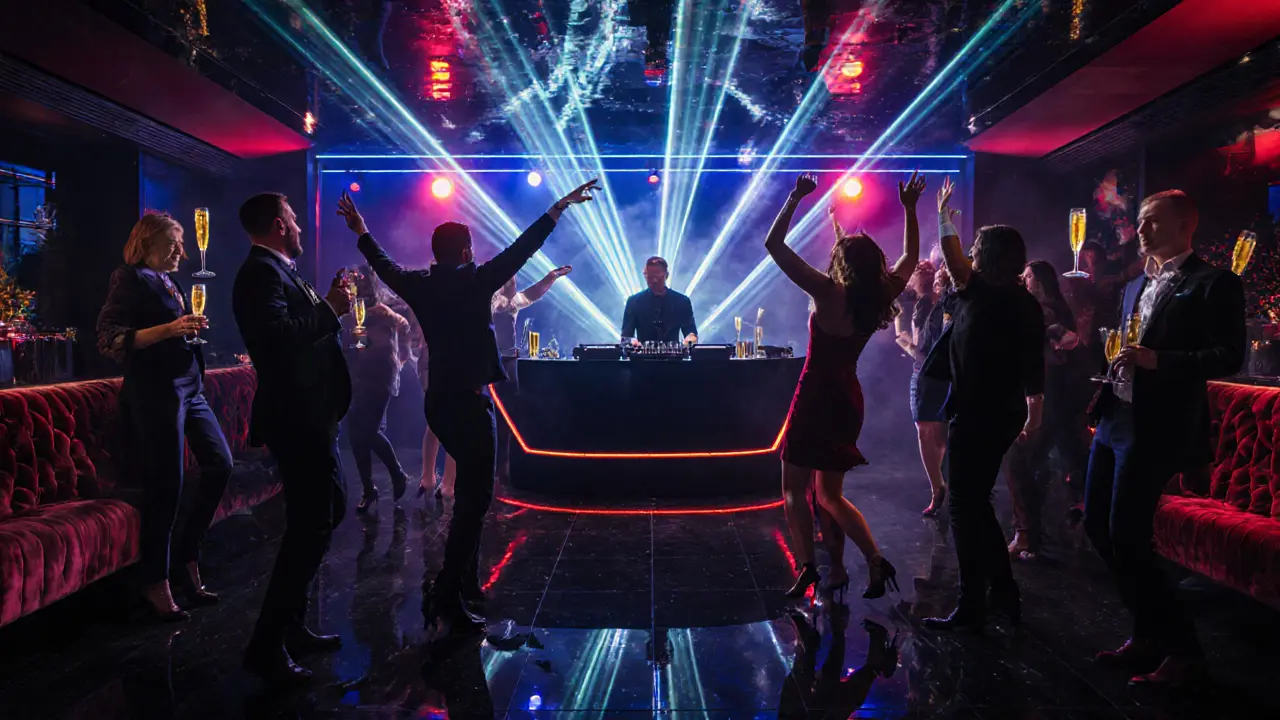 Inside Jimmy'z club with DJ, dancing crowd, and vibrant LED lights.