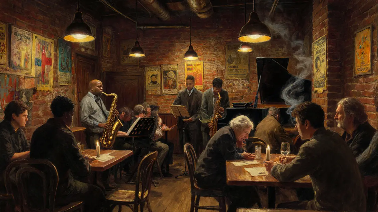 Intimate jazz performance at Vortex Club with diverse musicians playing under warm lamplight in a cozy, brick-walled room.