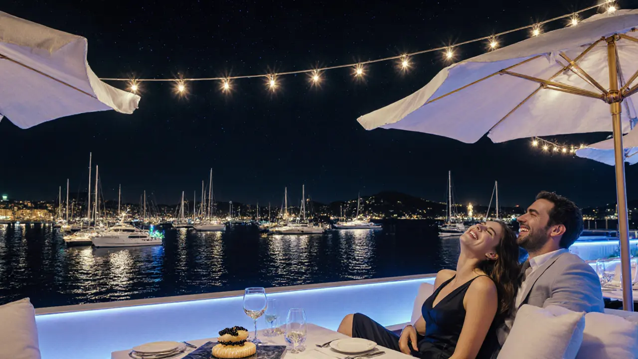 Luxury terrace by the marina with yachts reflecting string lights and a gourmet dish on marble.