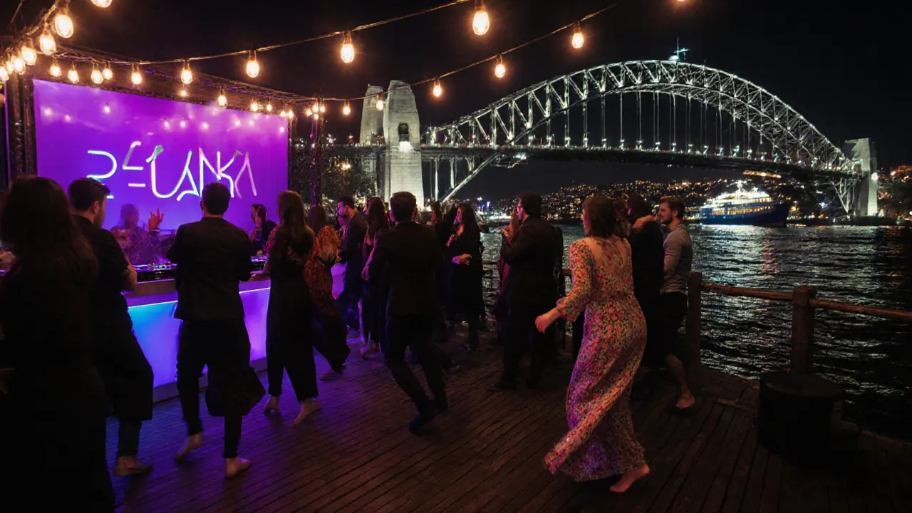 Nightclub on the Bosphorus pier with dancers under neon lights and the bridge glowing in the distance.