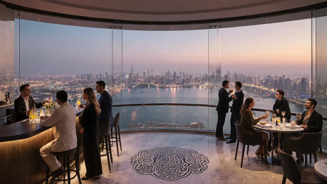 Nighttime view from a rooftop lounge showing Abu Dhabi’s skyline lit up, guests enjoying drinks with the ocean below.