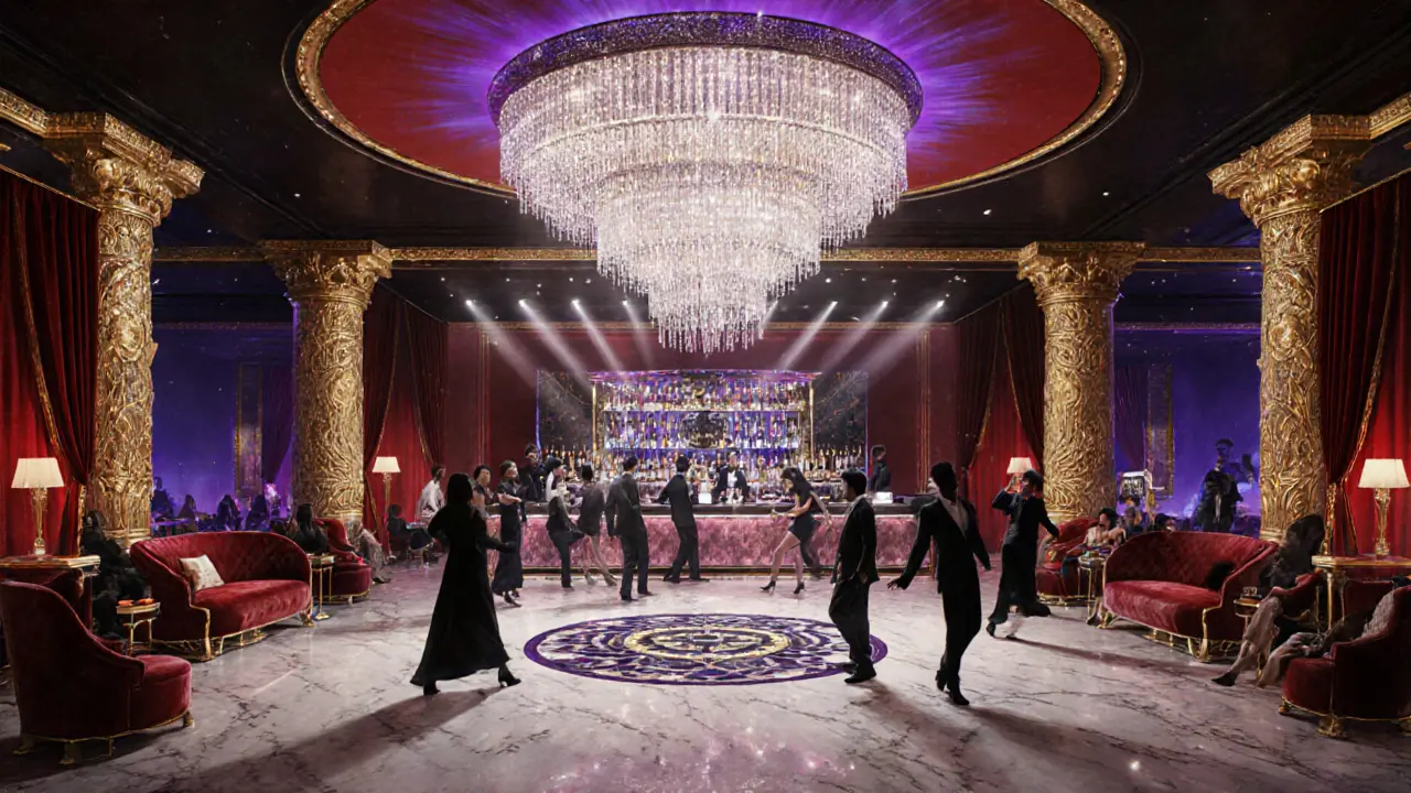 Opulent interior of Cavalli Club featuring a marble dance floor, gold accents, and dancers in upscale attire.