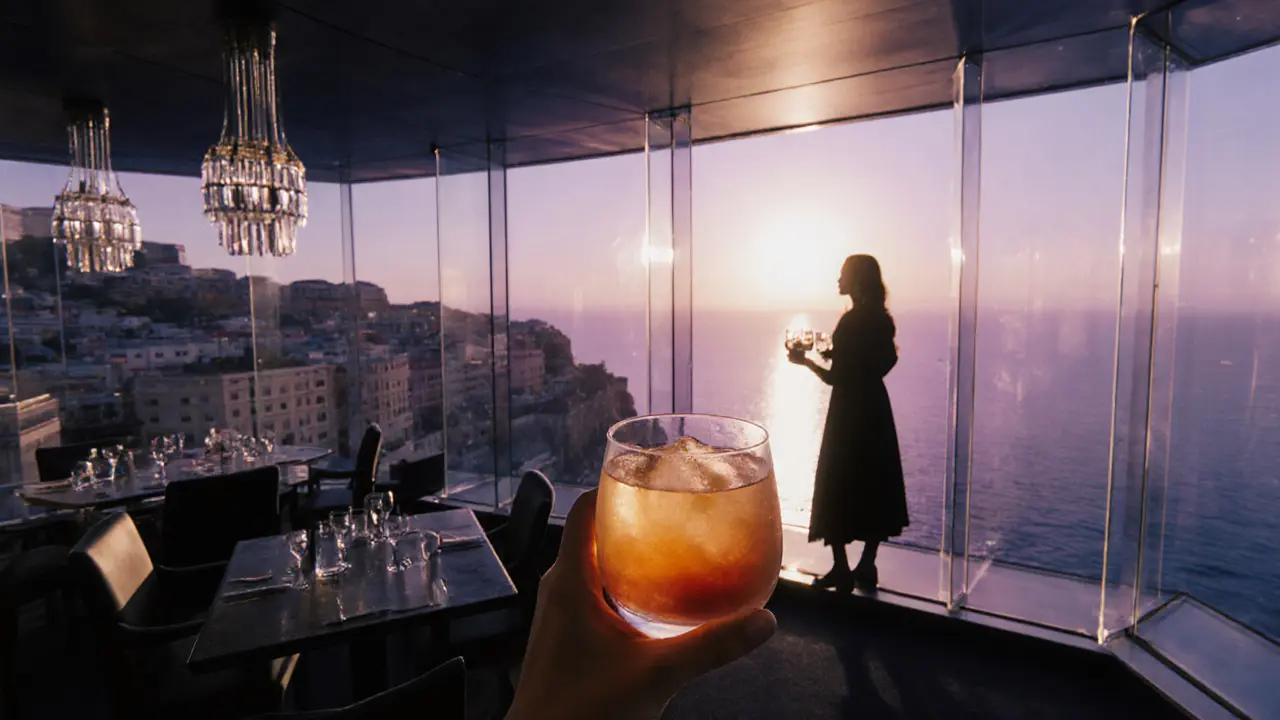 Rooftop bar at sunset with glowing cocktail and prismatic chandeliers overlooking Monaco&#039;s skyline.
