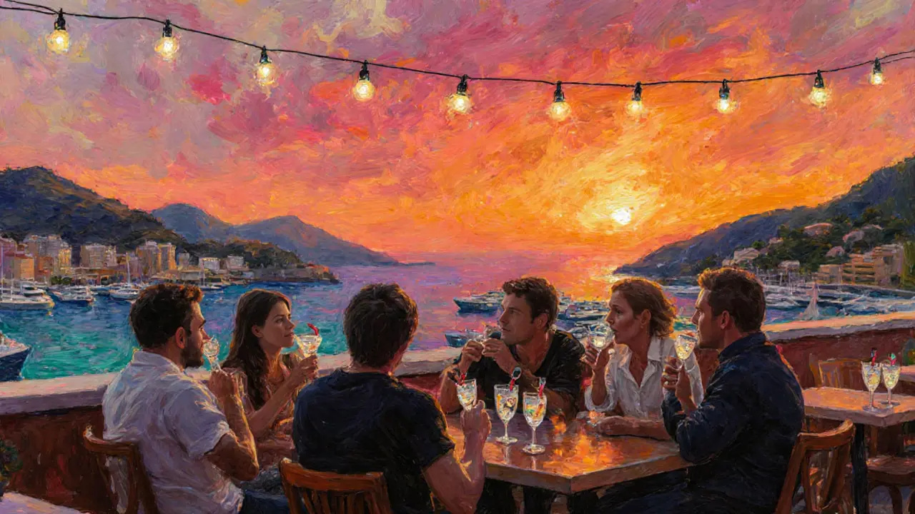 Rooftop terrace at sunset with people enjoying cocktails over the harbor.