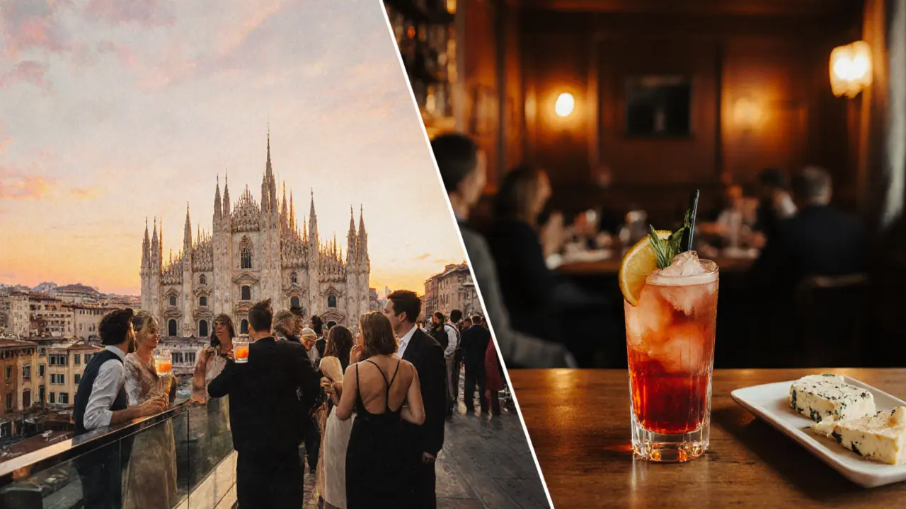 Rooftop terrace with Duomo view at sunset and a cozy bar with cheese platter.
