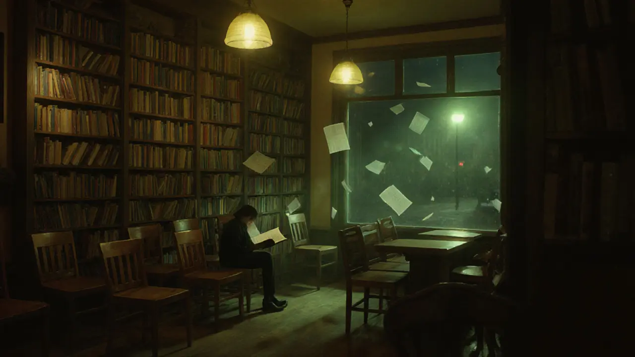 Silent reading lounge in a bookshop at night, with glowing chairs and floating pages in a dreamy, peaceful atmosphere.