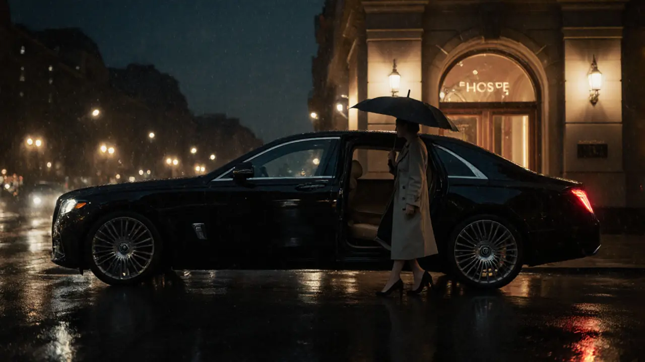 Silhouette of a woman exiting a luxury car at a hotel on a rainy Berlin night.