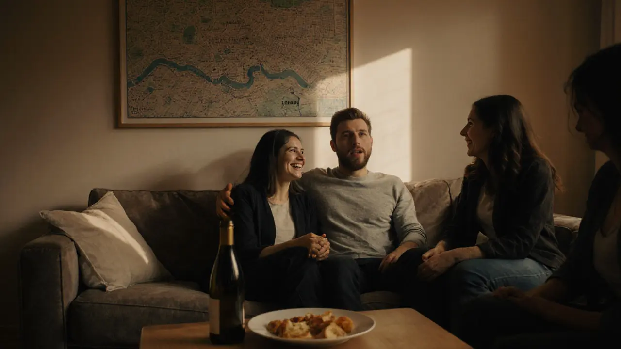 Small group laughing together on a sofa in a London apartment.
