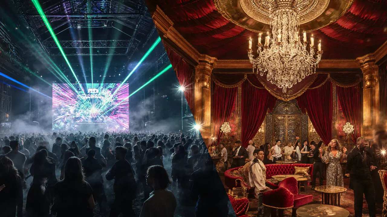 Split view of BASE nightclub's LED wall and Cavalli Club's luxurious interior.