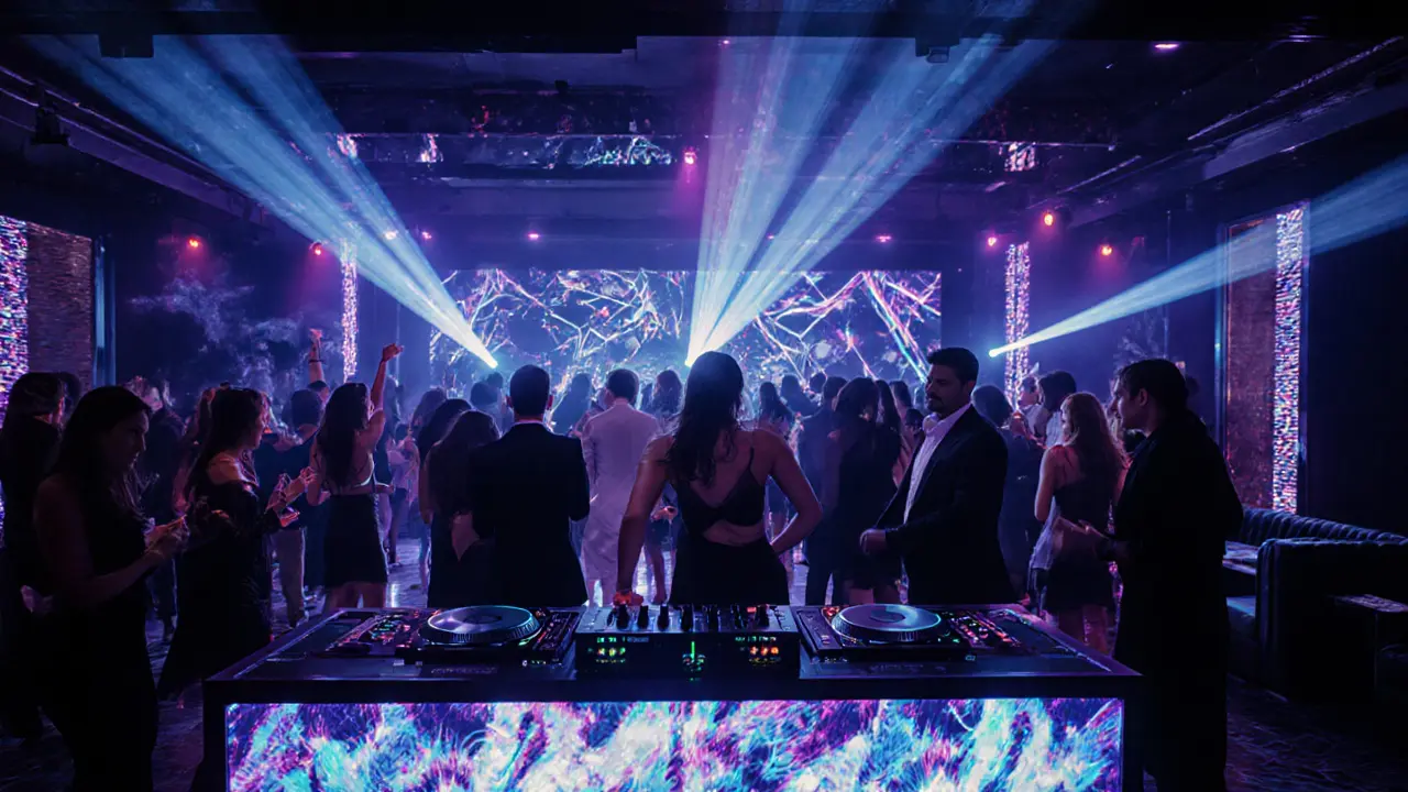 Stylish crowd dancing under neon blue and purple lights in a modern nightclub.
