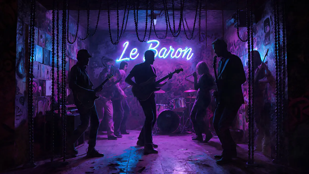 Underground club behind bead curtains, silhouetted figures dancing in moody neon light with no phones visible.