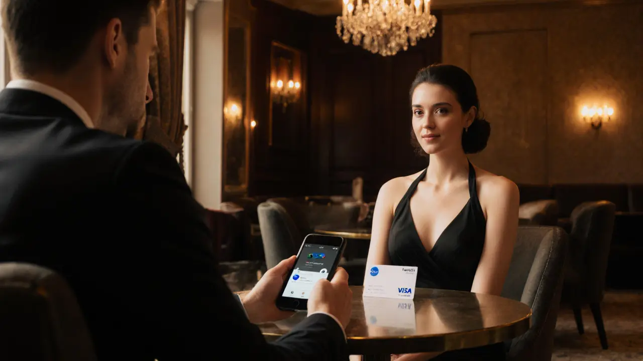 Upscale hotel lounge showing a discreet booking with phone and virtual card.