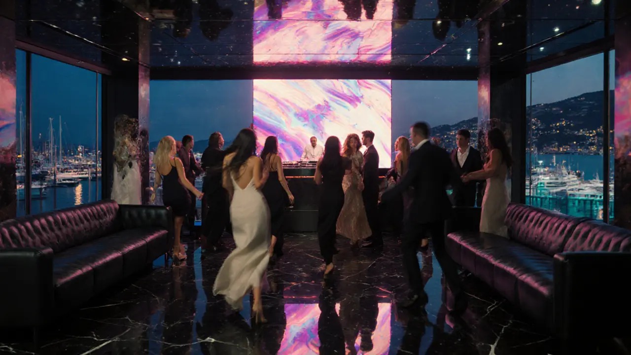 Vibrant Jimmy'z nightclub interior with LED wall, dancing crowd in designer clothes, and waterfront view.