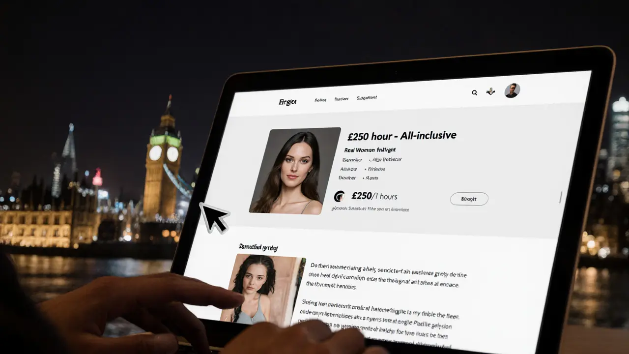 A clear, unfiltered escort profile with transparent pricing on a laptop screen.