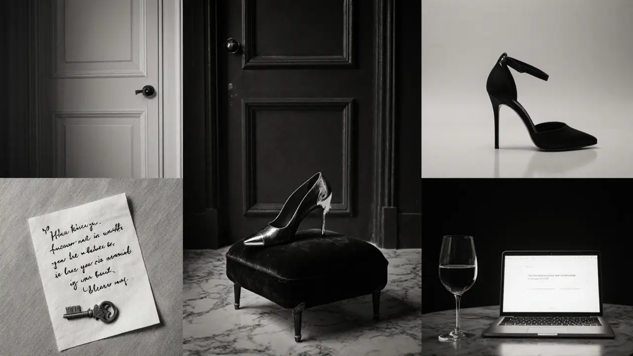 A collection of subtle symbols of elite companionship: a key on velvet, a wine glass, a closed door, a glowing encrypted message — all in muted fine art photography.