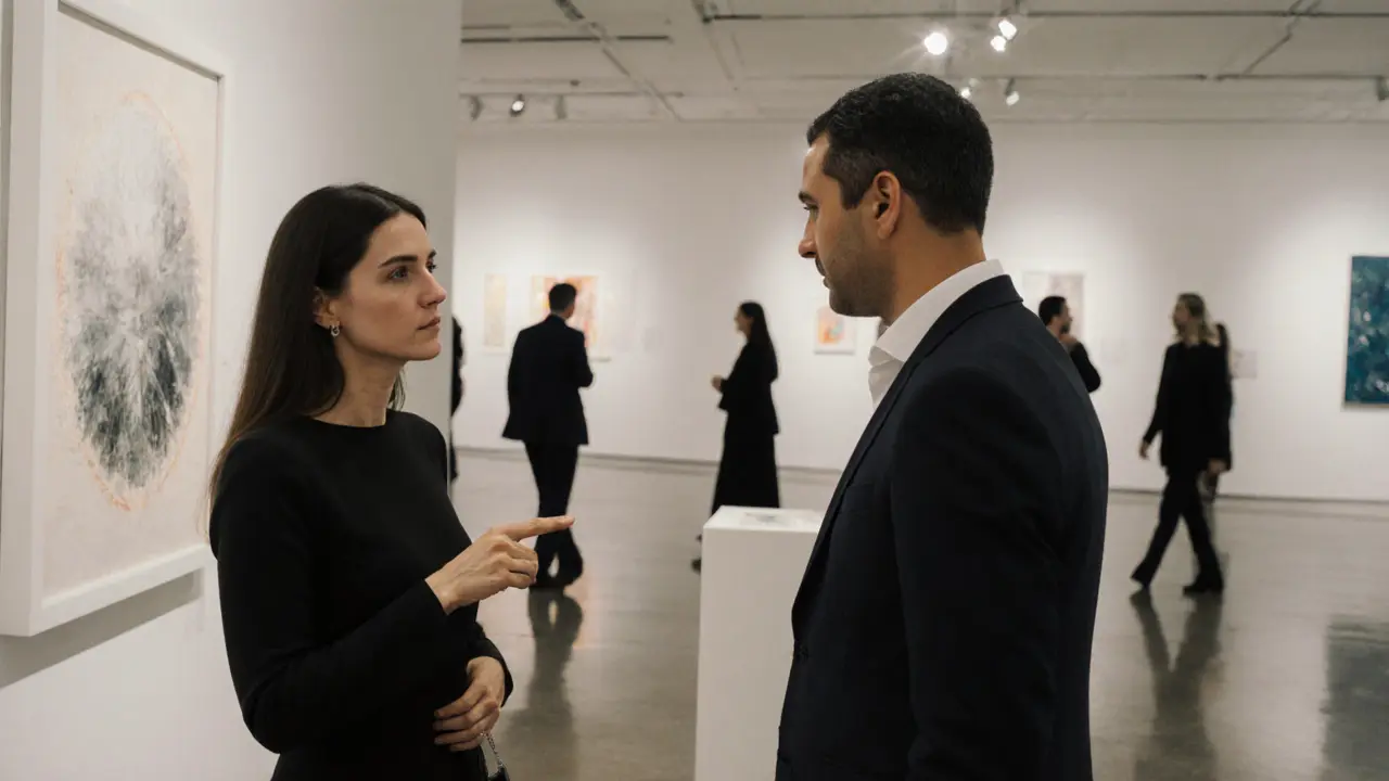 A companion and client view art together in a quiet gallery, lost in thoughtful conversation.