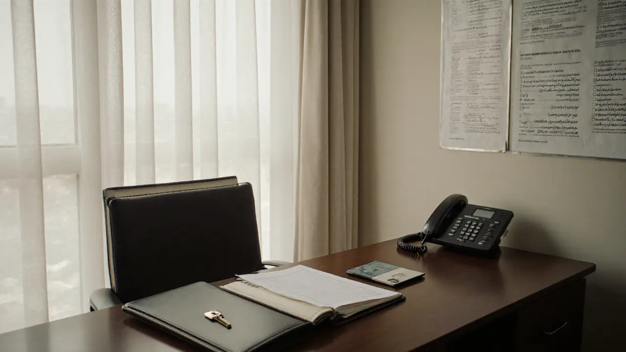 A confidential agency office with a closed dossier, keycard, and burner phone on a wooden desk.