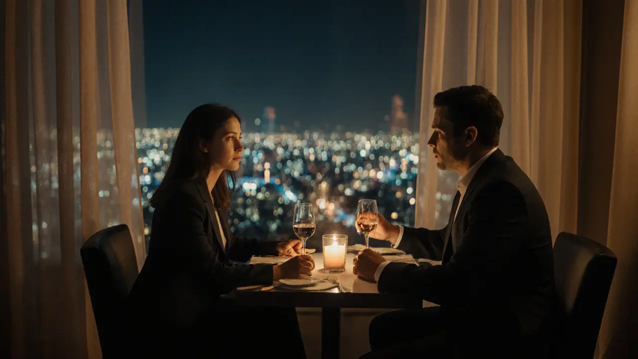 A couple shares a quiet dinner on a rooftop in Dubai, curtains drawn, city lights blurred behind them.